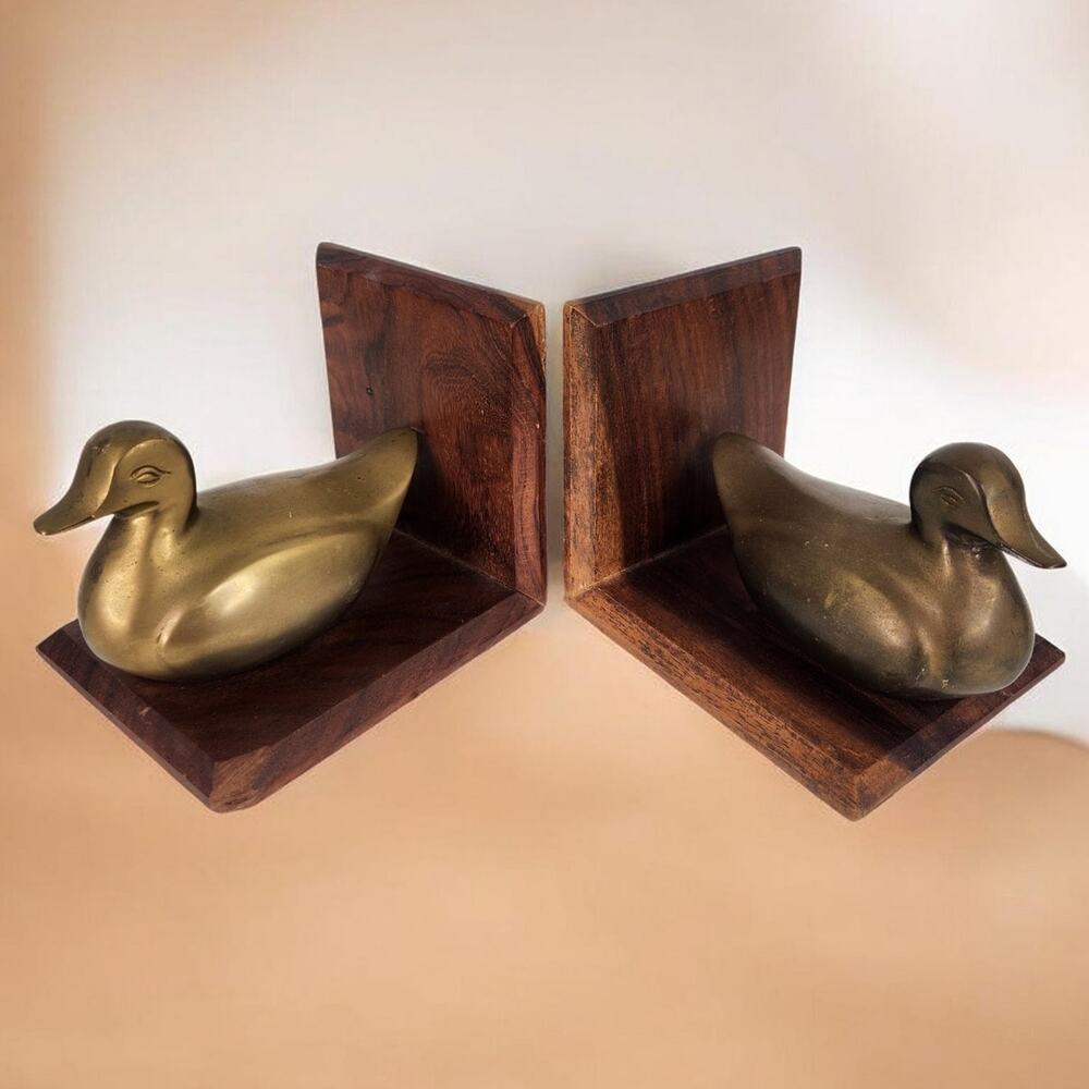 VTG MCM Brass Ducks Wooded Base Bookends Elegant Old Money Home Decor
